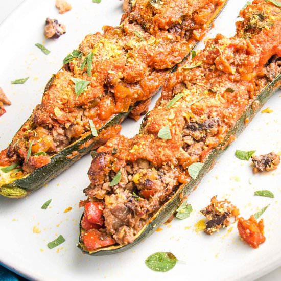 Meaty Vegan Stuffed Zucchini Boats - Recipe photo by Debra Klein
