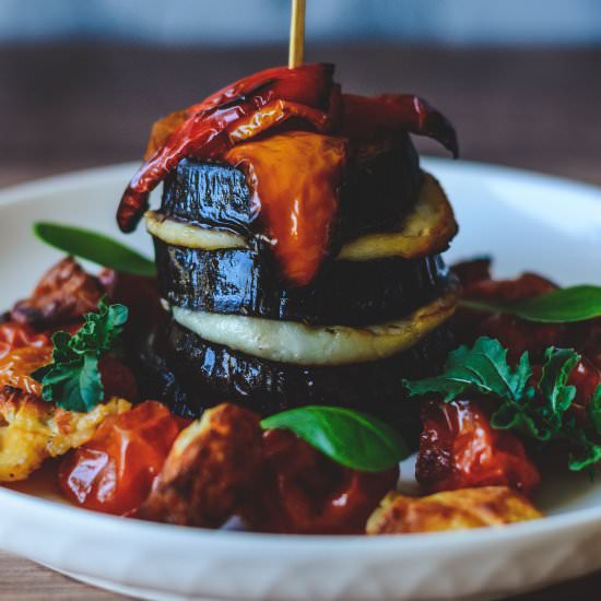 Roasted Aubergine & Halloumi Stack - Recipe photo by cheflukaszbabral