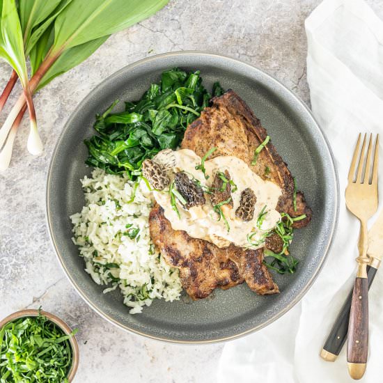 Pork Chops w/Morel Ramp Cream Sauce - Recipe photo by HealthStartsintheKitchen