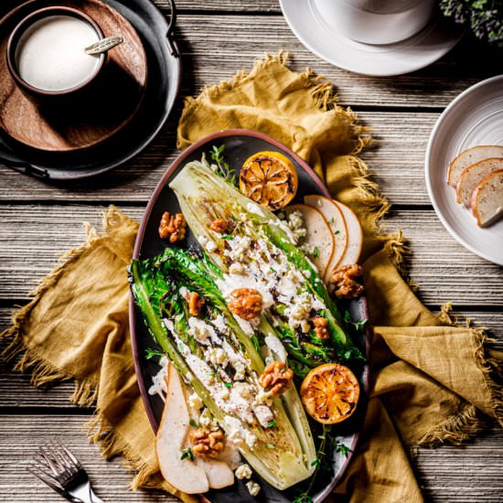 Grilled Romaine and Pear Steakhouse - Recipe photo by cookingwithwineblog