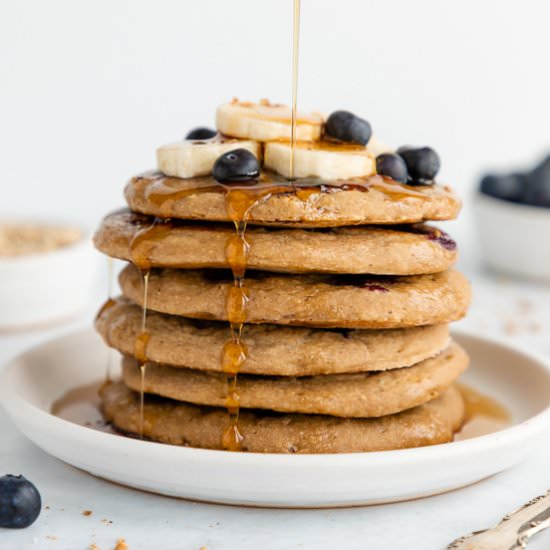 Blueberry Banana Pancakes (Vegan) - Recipe photo by purelykaylie