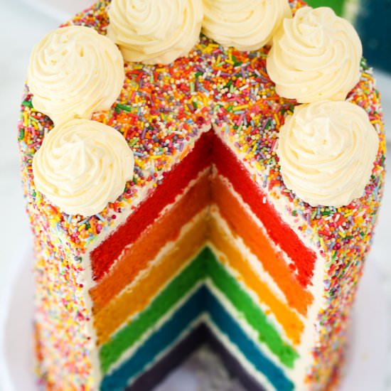 Rainbow Layer Cake with Sprinkles - Recipe photo by Simshomekitchen