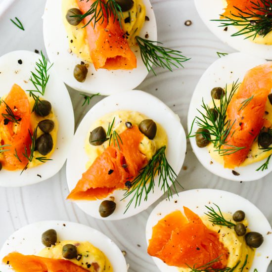 Smoked Salmon Deviled Eggs - Recipe photo by Downshiftology