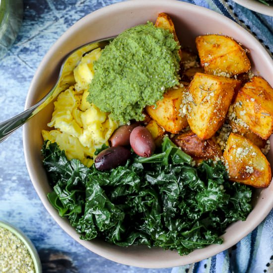 Broccoli Pesto Egg Brunch Bowls - Recipe photo by upbeetkitchen