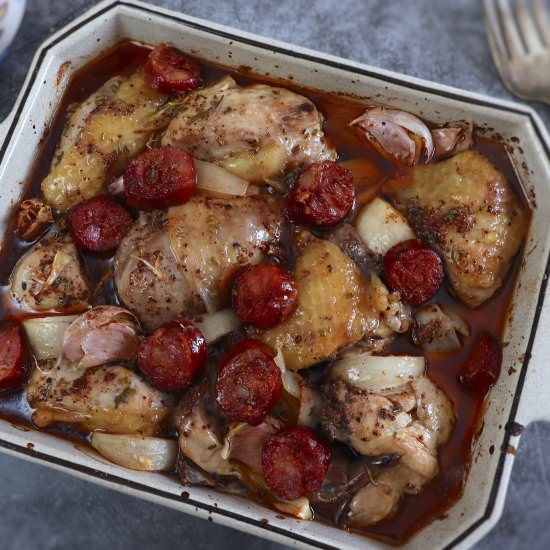 Baked chicken with chouriço - Recipe photo by Food From Portugal