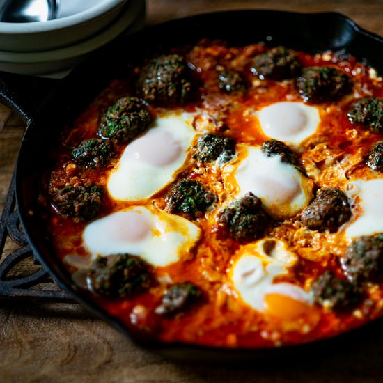 Shakshuka with Kofta Meatballs - Recipe photo by Chicken Fried Kitchen