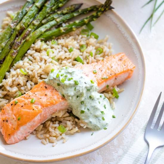 Pan Seared Salmon & Basil Tzatziki - Recipe photo by Two Healthy Kitchens