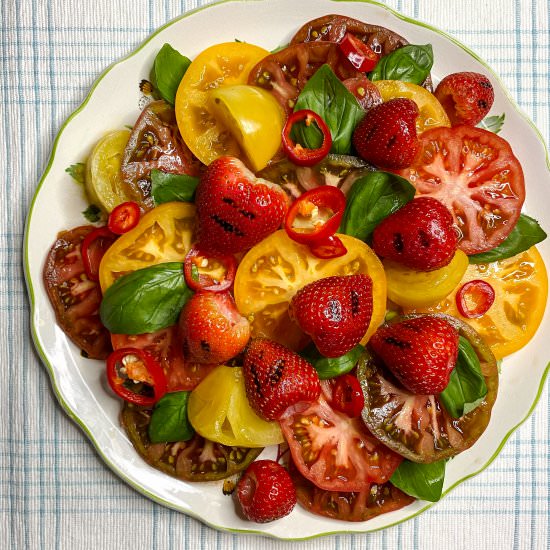 Grilled Strawberry and Tomato Salad - Recipe photo by thirstyradish
