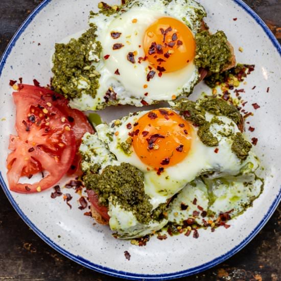 Pesto Eggs - Recipe photo by The Mediterranean Dish