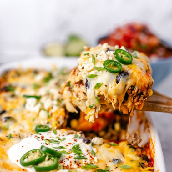 BEEF ENCHILADA CASSEROLE - Recipe photo by theyummybowl