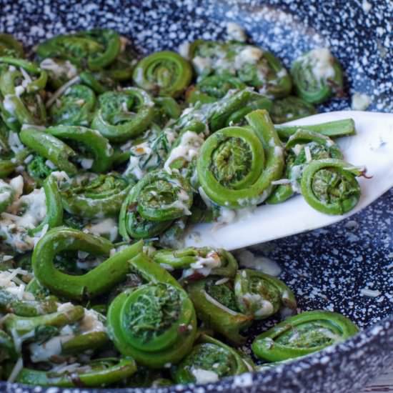 Cheesy Sautéed Fiddleheads - Recipe photo by Food Meanderings