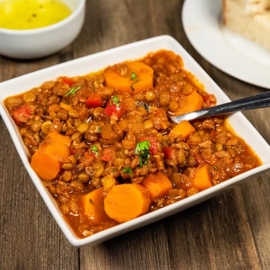 Spanish Vegan Lentil Stew w/ Soyrizo - Recipe photo by danceswithknives