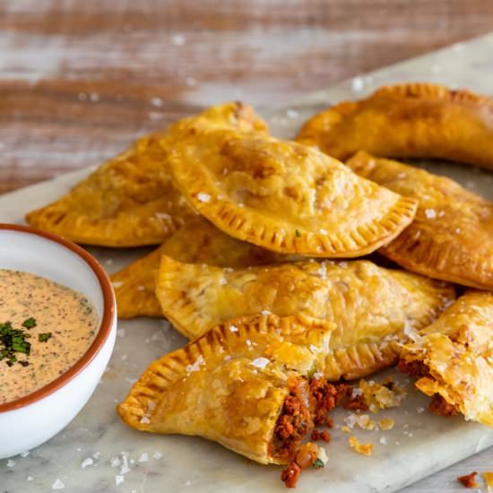 Lamb and Chorizo Empanadas w/Aioli - Recipe photo by The Mad Table