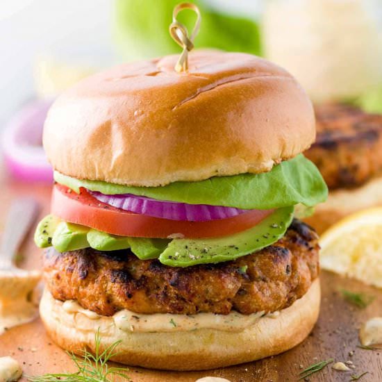 Salmon Burgers and Fresh Dill Sauce - Recipe photo by Jessica Gavin