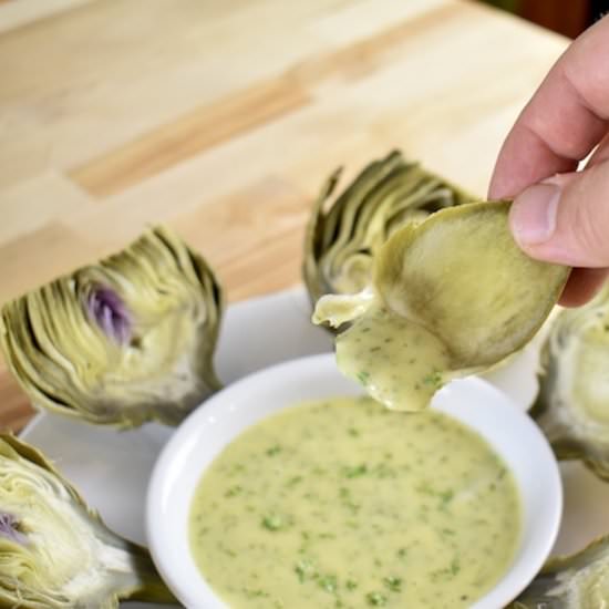 Steamed Artichokes and Spruce Aioli - Recipe photo by The Intrepid Eater