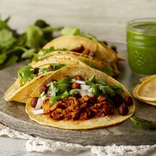 CURRIED JACKFRUIT TACOS & CORIANDER - Recipe photo by Happyasayam