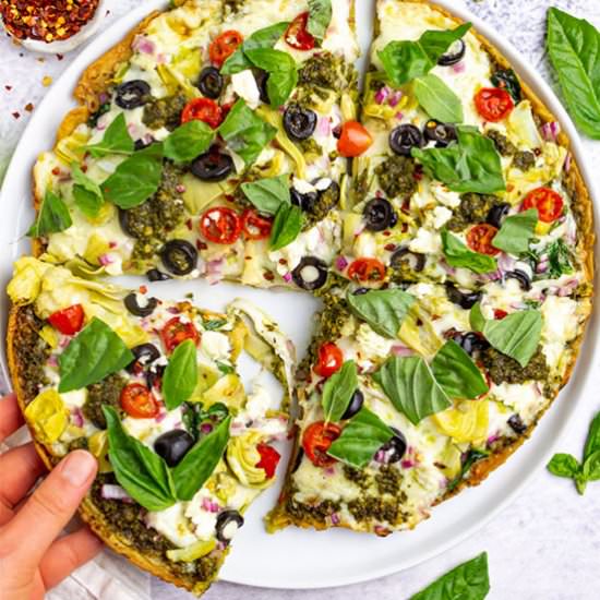 socca pizza with pesto - Recipe photo by Robust Recipes