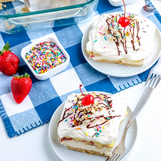 No-Bake Banana Split Cake - Recipe photo by EasyBudgetRecipes