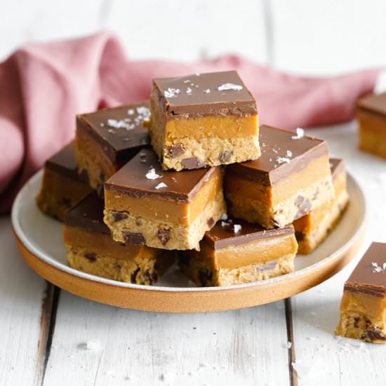 Vegan Cookie Dough Caramel Slices - Recipe photo by addictedtodates