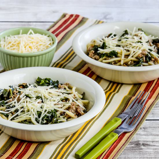 Low-Carb Pasta w. Sausage and Kale - Recipe photo by kalynskitchen