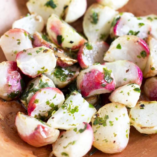 Herbed roasted radishes - Recipe photo by Mandy Sneaky Veg