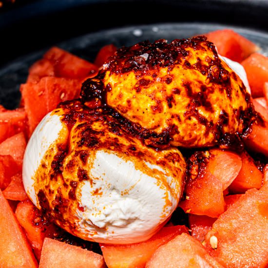 Watermelon + Burrata w/ Chili Crisp - Recipe photo by leisurefanclub