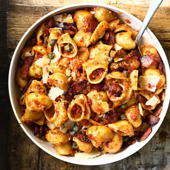 Red Pesto Pasta Salad with Bacon - Recipe photo by servingdumplings