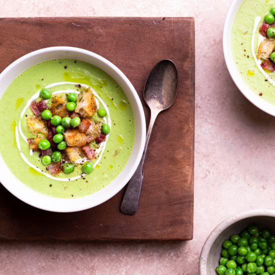 Creamy Green Pea Soup with Pancetta - Recipe photo by My Three Seasons