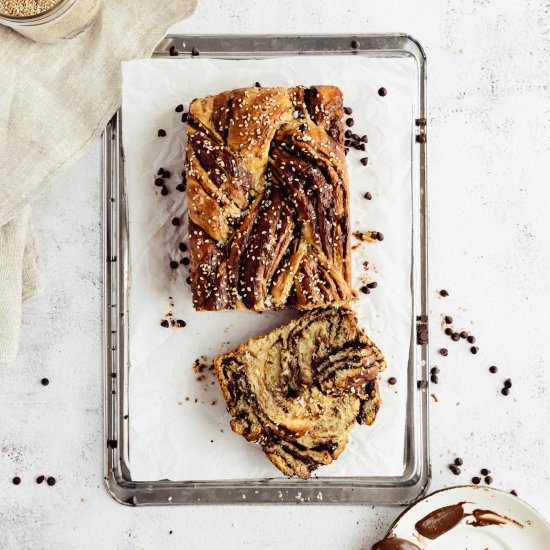Chocolate Tahini No Knead Babka - Recipe photo by FlouringKitchen