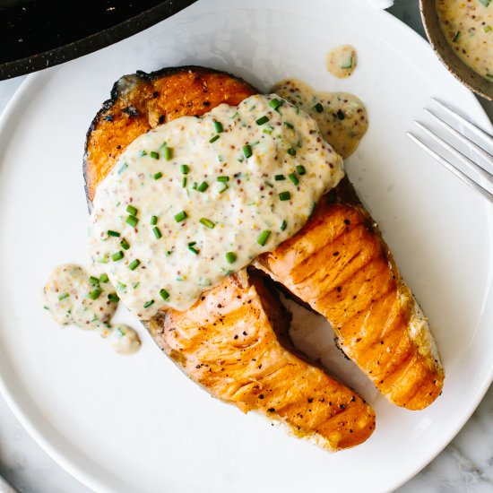Grilled Salmon Steaks - Recipe photo by Downshiftology