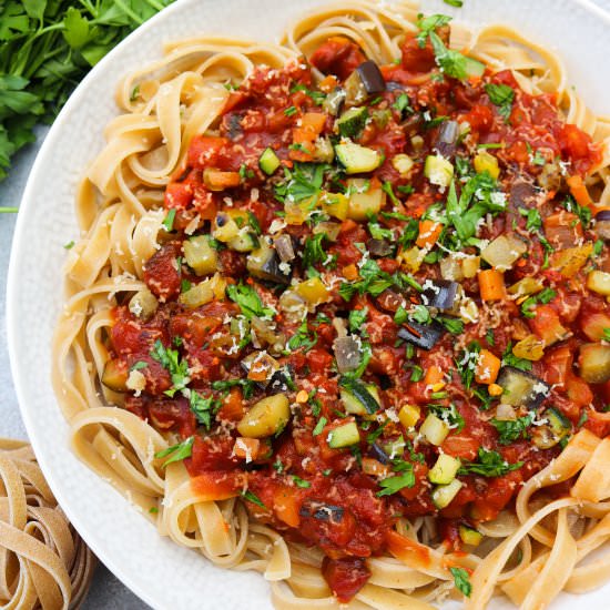 tagliatelle with vegetable ragù - Recipe photo by aVegTasteFromAtoZ