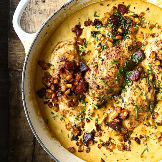 Creamy Chicken with Corn & Chorizo - Recipe photo by servingdumplings