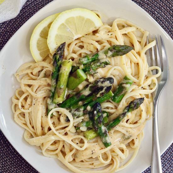 Creamy Vegan Lemon Asparagus Pasta - Recipe photo by Cheeky Chickpea