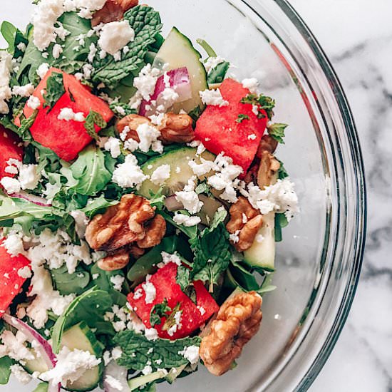 Watermelon Salad with Mint + Feta - Recipe photo by Keto Katie