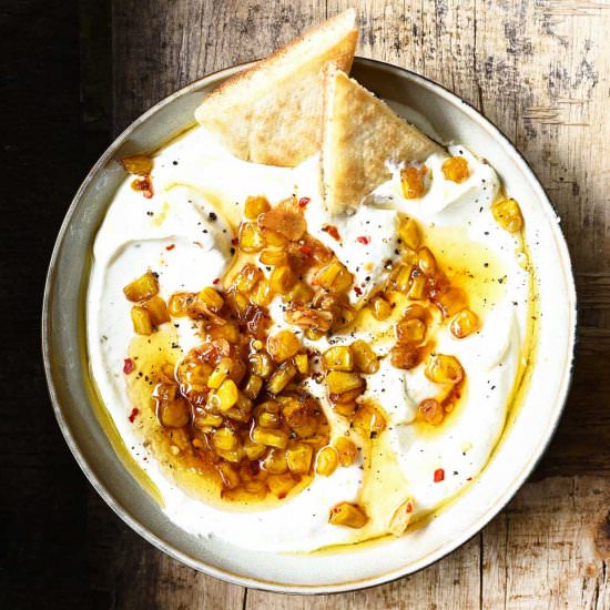 Whipped Feta Dip with Candied Corn - Recipe photo by servingdumplings
