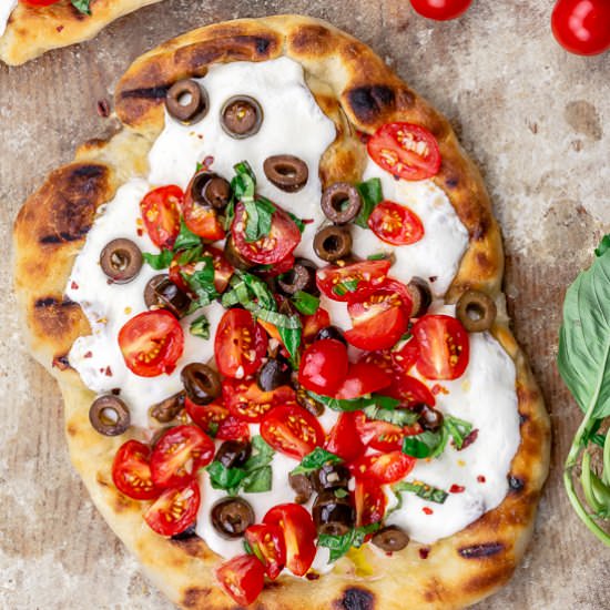 Tomato-Mozzarella Grilled Pizza - Recipe photo by The Mediterranean Dish
