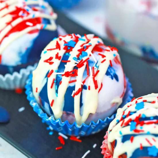 Patriotic Hot Cocoa Bombs - Recipe photo by peasandpeonies