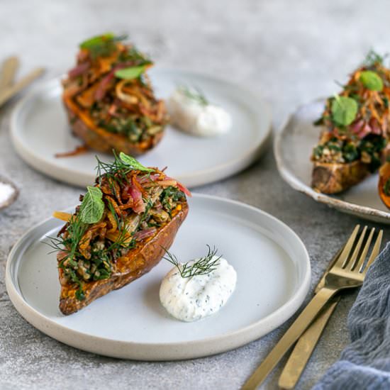 baked sweet potato with swiss chard - Recipe photo by between2kitchens