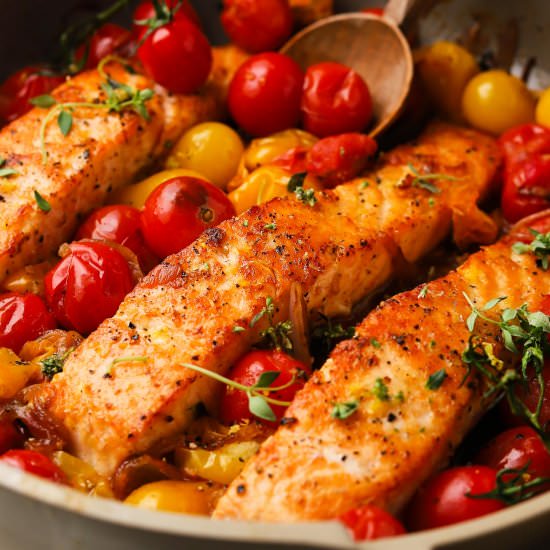 Seared Salmon with Cherry Tomatoes - Recipe photo by lindseyeatsla