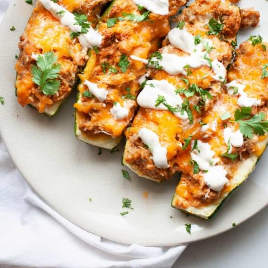 Buffalo Turkey Stuffed Zucchini - Recipe photo by erinliveswhole
