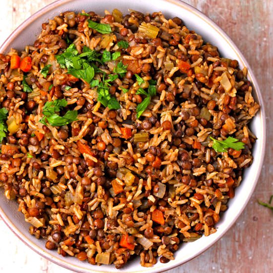 Brown rice and French lentils - Recipe photo by veganwithgusto