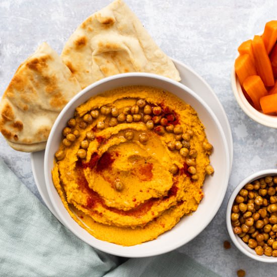Spicy Roasted Carrot Hummus - Recipe photo by Searchingforspice