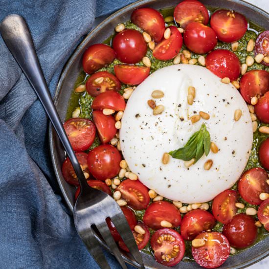 Burrata with Tomatoes and Pesto - Recipe photo by Chef Molly