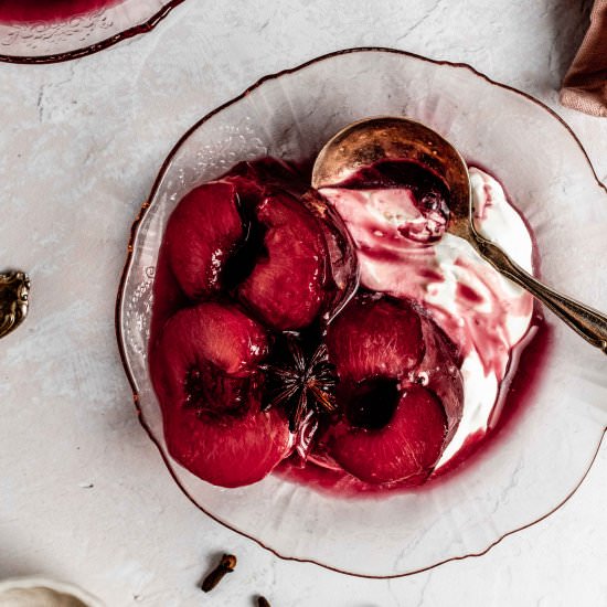 spiced red wine roasted plums - Recipe photo by whisked away kitchen