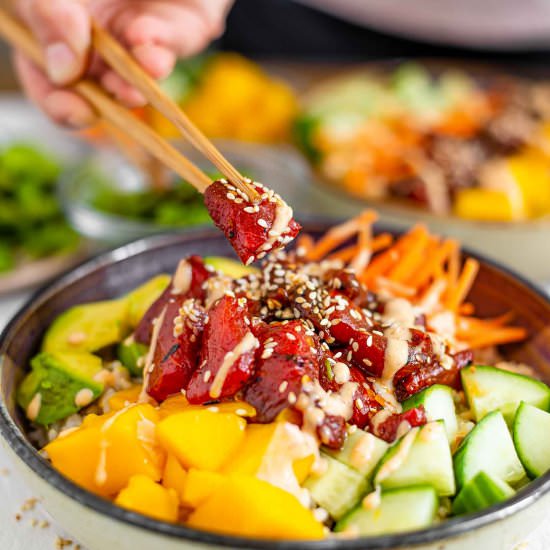 Spicy "Tuna" Watermelon Poke Bowl - Recipe photo by tastythriftytimely