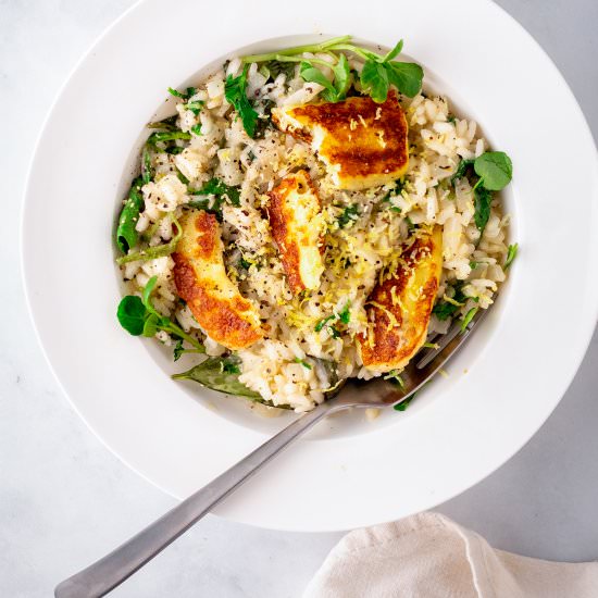 Lemon Risotto with Fried Halloumi - Recipe photo by KitchenSanctuary