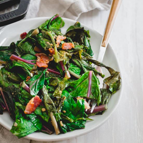 Kohlrabi Greens with Bacon - Recipe photo by Running to the Kitchen