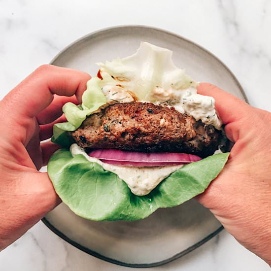 Greek-Style Keto Lamb Burger - Recipe photo by Keto Katie