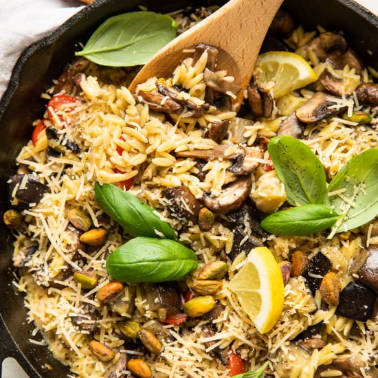 Lemon Garlic Eggplant Orzo - Recipe photo by Jar Of Lemons
