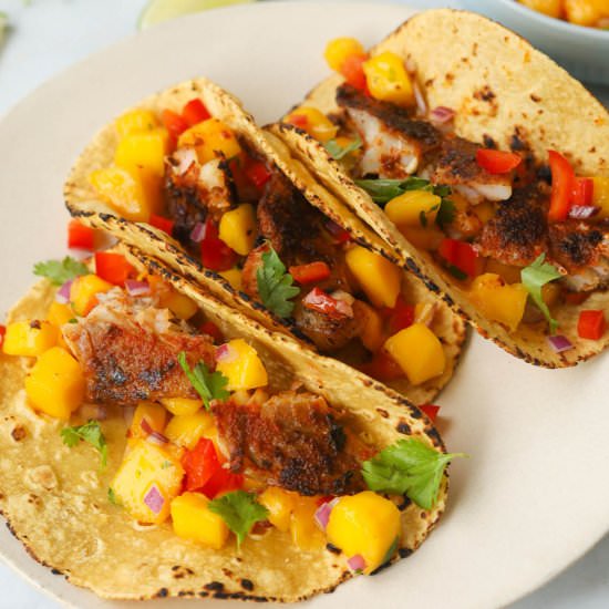 Rockfish Tacos with Mango Salsa - Recipe photo by apeachyplate